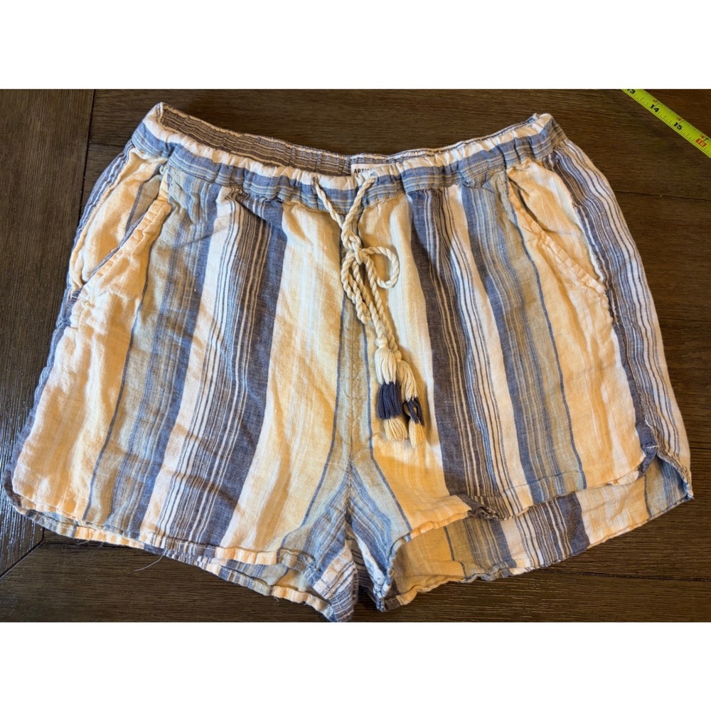 Boho Artisan NY Linen Shorts women Medium Blue Striped Tassel Drawstring Coastal